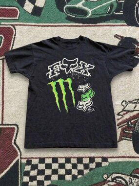 Vintage Y2K Fox Racing Monster Energy Moto Graphic Tee Black
